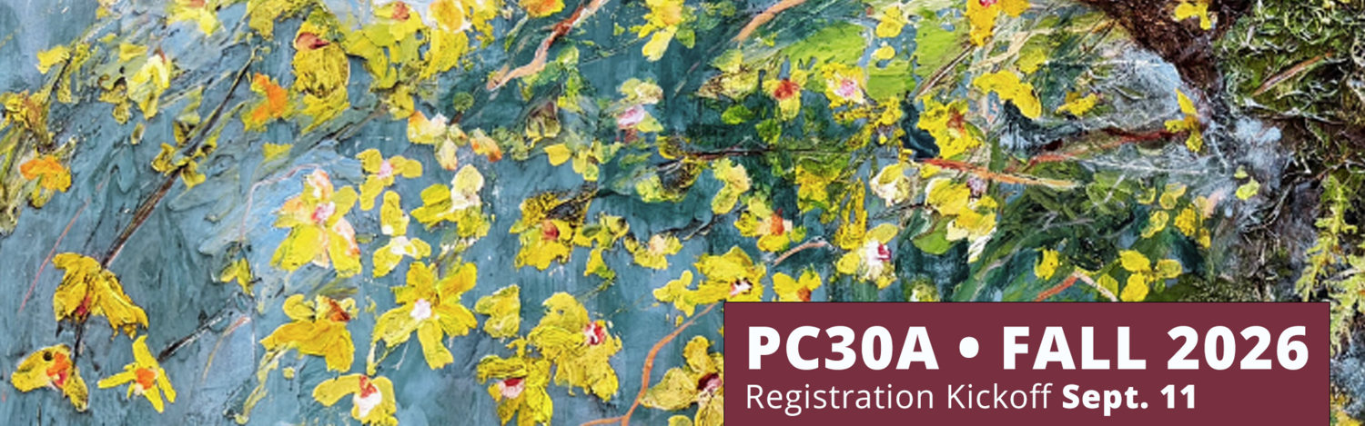 OLLI Fall 2026 Registration Kickoff on September 11, featuring textured painting art with yellow blossoms against a blue and green background