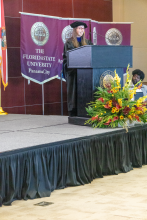 Social Work program instructor, Dr. Koehler, welcoming students, families and friends