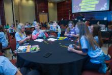 Group table activity, each group receives a plastic bag with the same items to build a raft. Groups are challenged to be able to place at least 50 pennies on the float before it sinks. Participants are encouraged to test their designs, regroup, retest, all a process of engineering.