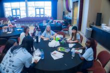 Group table activity, each group receives a plastic bag with the same items to build a raft. Groups are challenged to be able to place at least 50 pennies on the float before it sinks. Participants are encouraged to test their designs, regroup, retest, all a process of engineering.