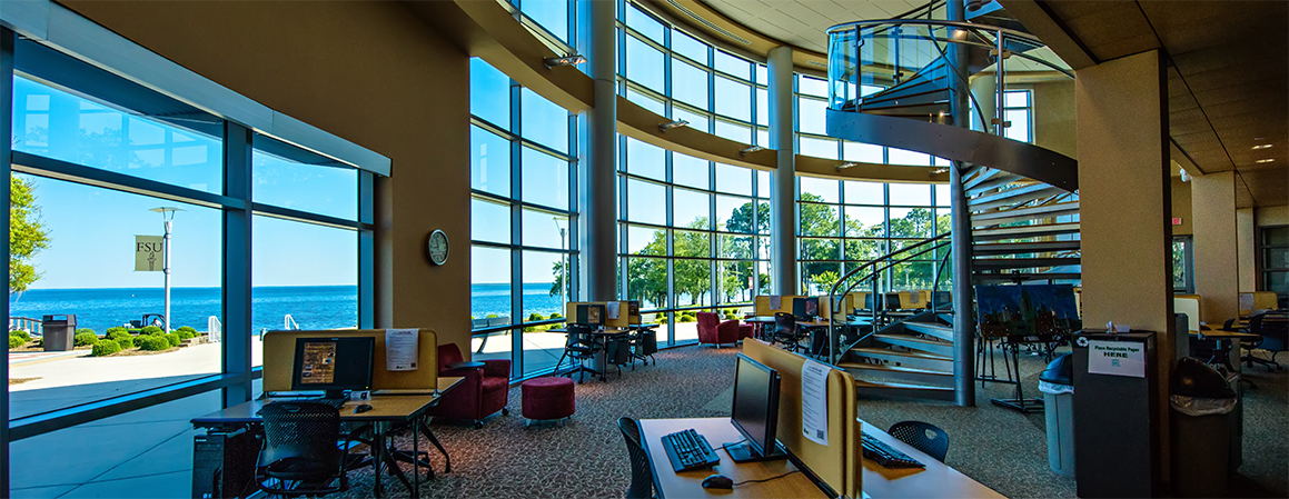 Interior shot of library with north bay view