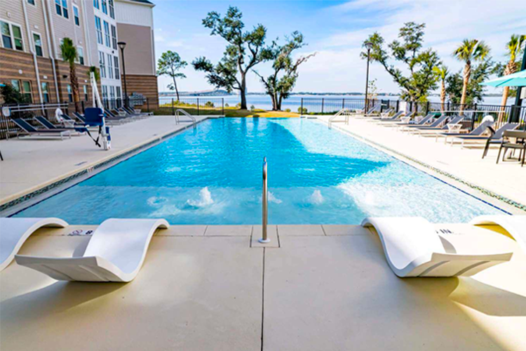 Seminole Landing apartments' pool deck facing North Bay