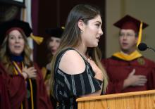 SGC Representative Lucy Rodriguez speaks to first-year students at 2019 convocation