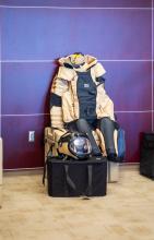Bomb suit display for Lindsay Rickert, senior master sergeant in explosive ordinance disposal (eod)