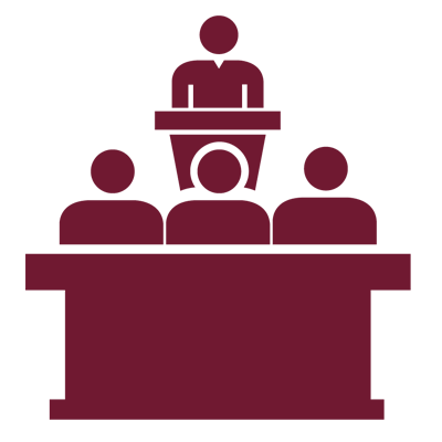 Graphic of an instructor at a podium in front of people