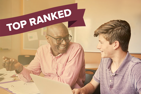 teacher and student interacting at desk and "top ranked" banner