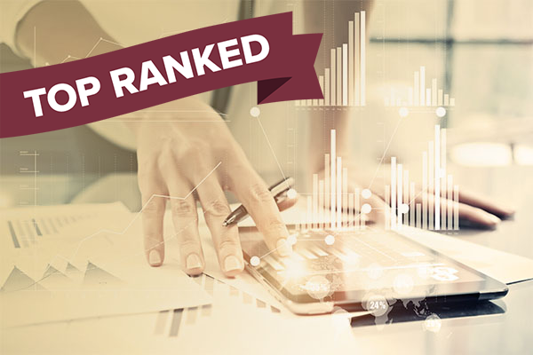 tablet device on desk with overlay of graphs and "top ranked" banner